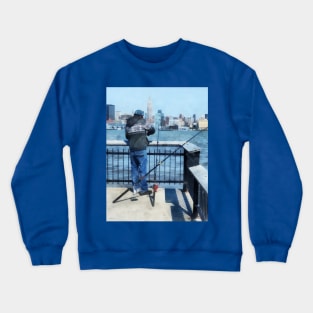 Hoboken NJ - Man Fishing Off Hoboken Pier Crewneck Sweatshirt